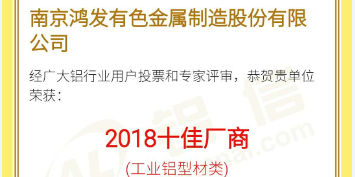 恭喜鴻發(fā)有色榮獲2018鋁行業(yè)十佳廠商！